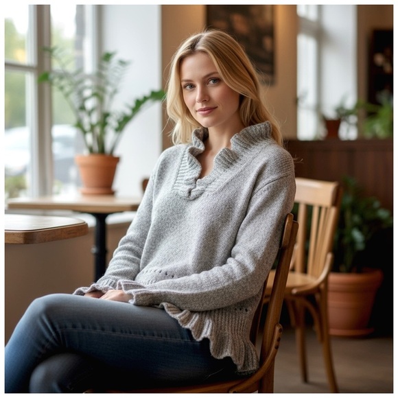 Chicwish Women's V-Neck Sweater with Ruffle Trim. Gray. Small - Picture 15 of 15